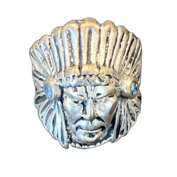 VTG Native American Navajo Silver Jeweled Indian Chief Head Ring Size 8 - Picture 1 of 12